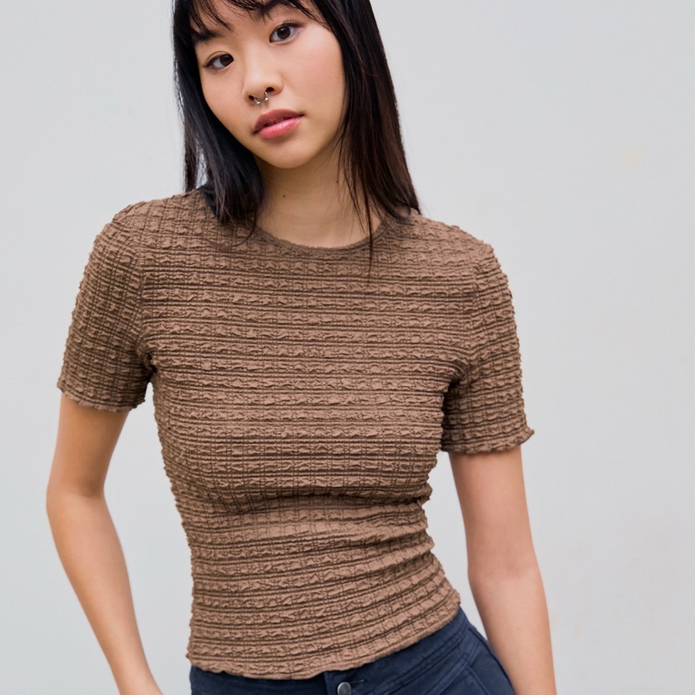 Cider Brown Shirred Scrunch Short Sleeve Top